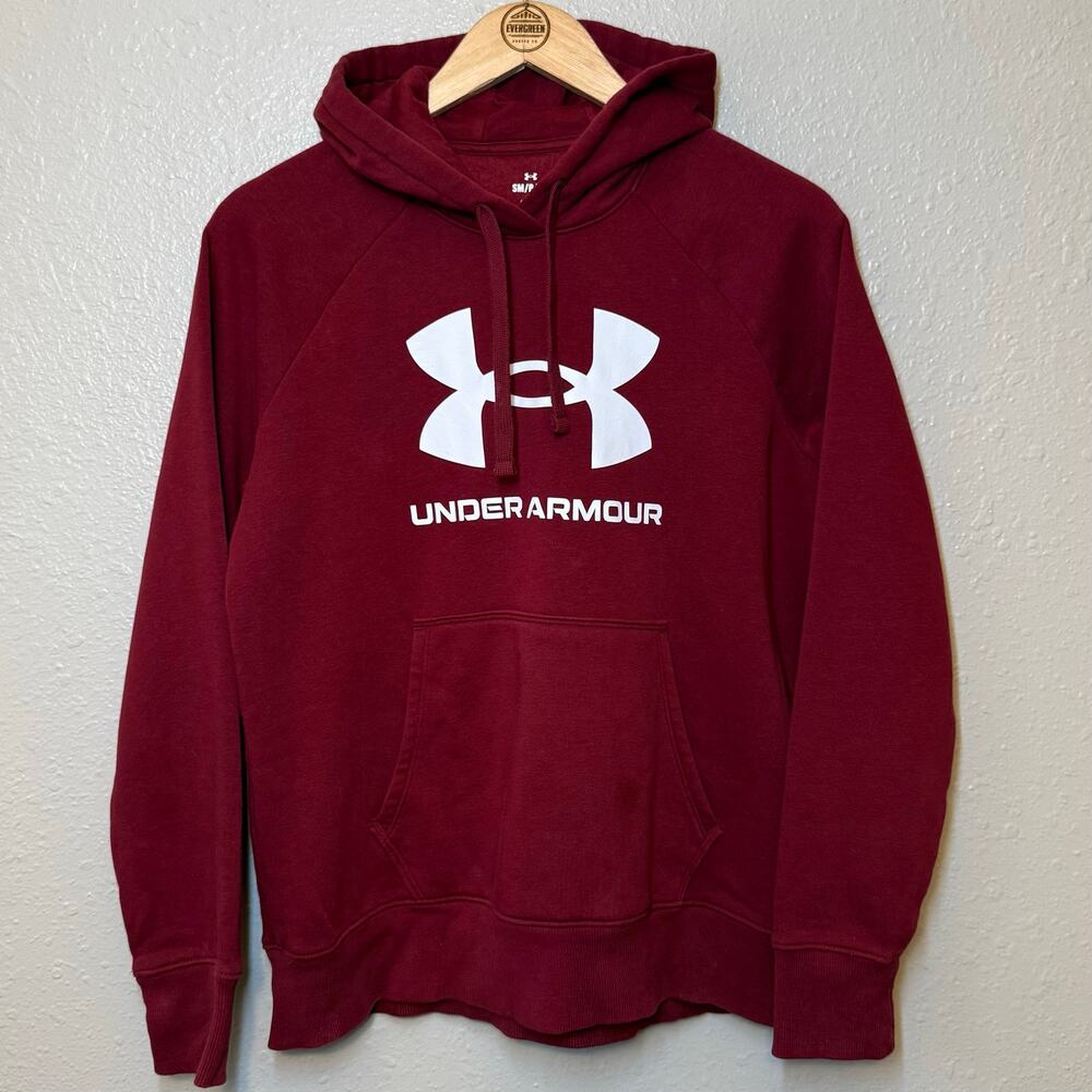Under Armour Rival Hoodie Sweatshirt Big Logo Screenprint Maroon Unisex Small - Picture 8 of 9